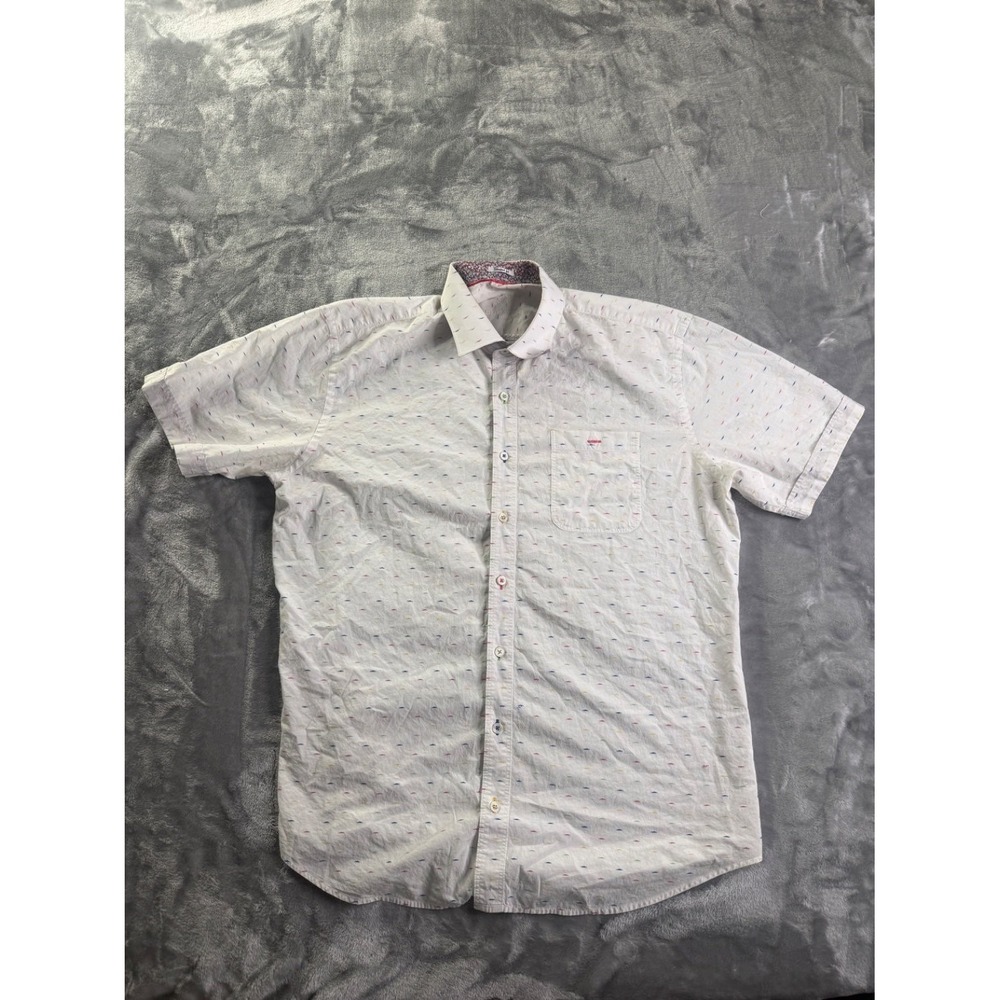 Bugatchi Shaped Fit Men's‎ Button-Up L White Multicolor Buttons Shirt Cotton